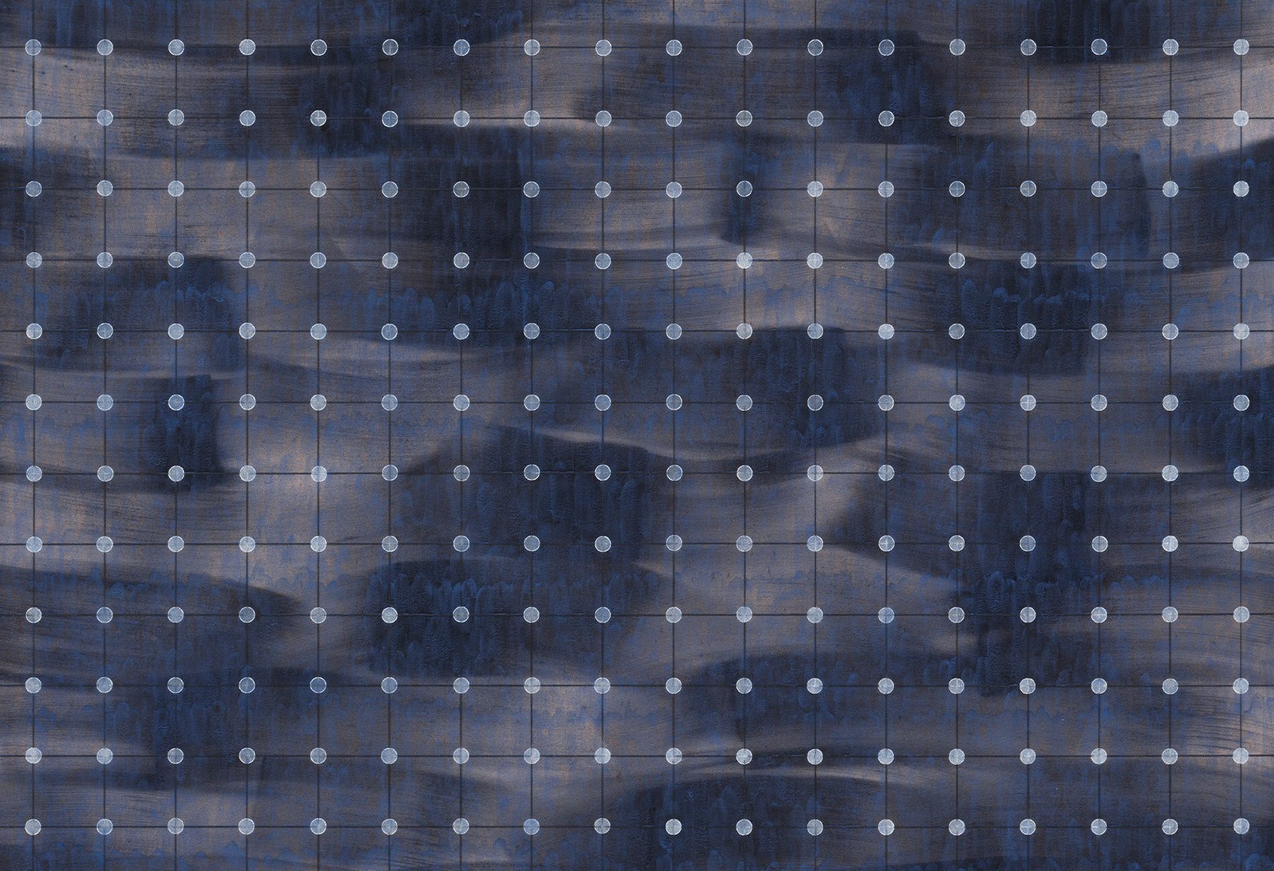 Hazy black and white horizontal brushstrokes and short brushstrokes of blue across create a fluid background. Overlaid is a grid.