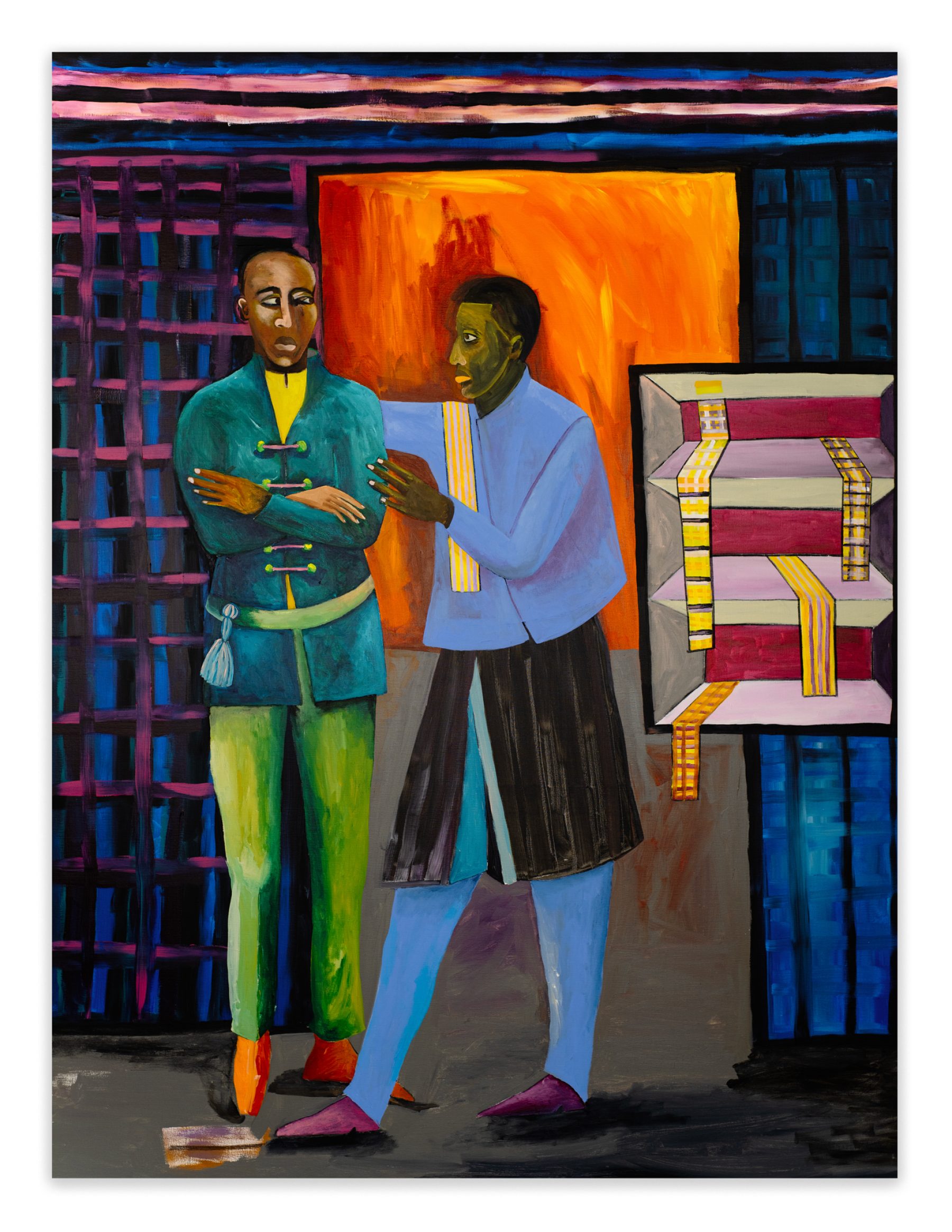 Two figures against a geometric background with a grid. The figure on the left wears green and has crossed arms. The figure on the right wears periwinkle and caresses the other figure’s upper arm.