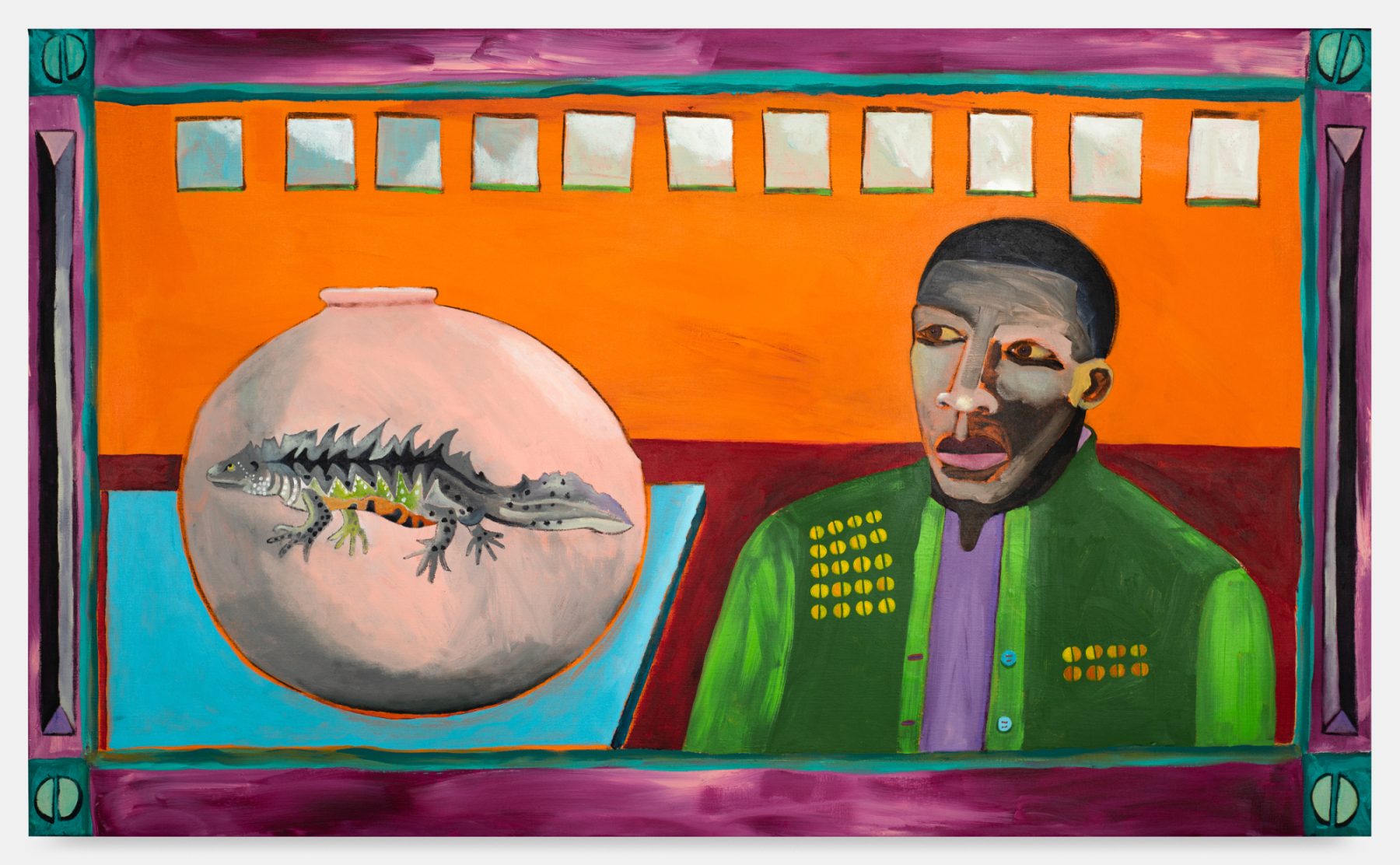 An individual in a green jacket in a room with an orange wall and maroon floor. On the figure’s left is an iguana on an orb-shaped vase sitting on a blue table.