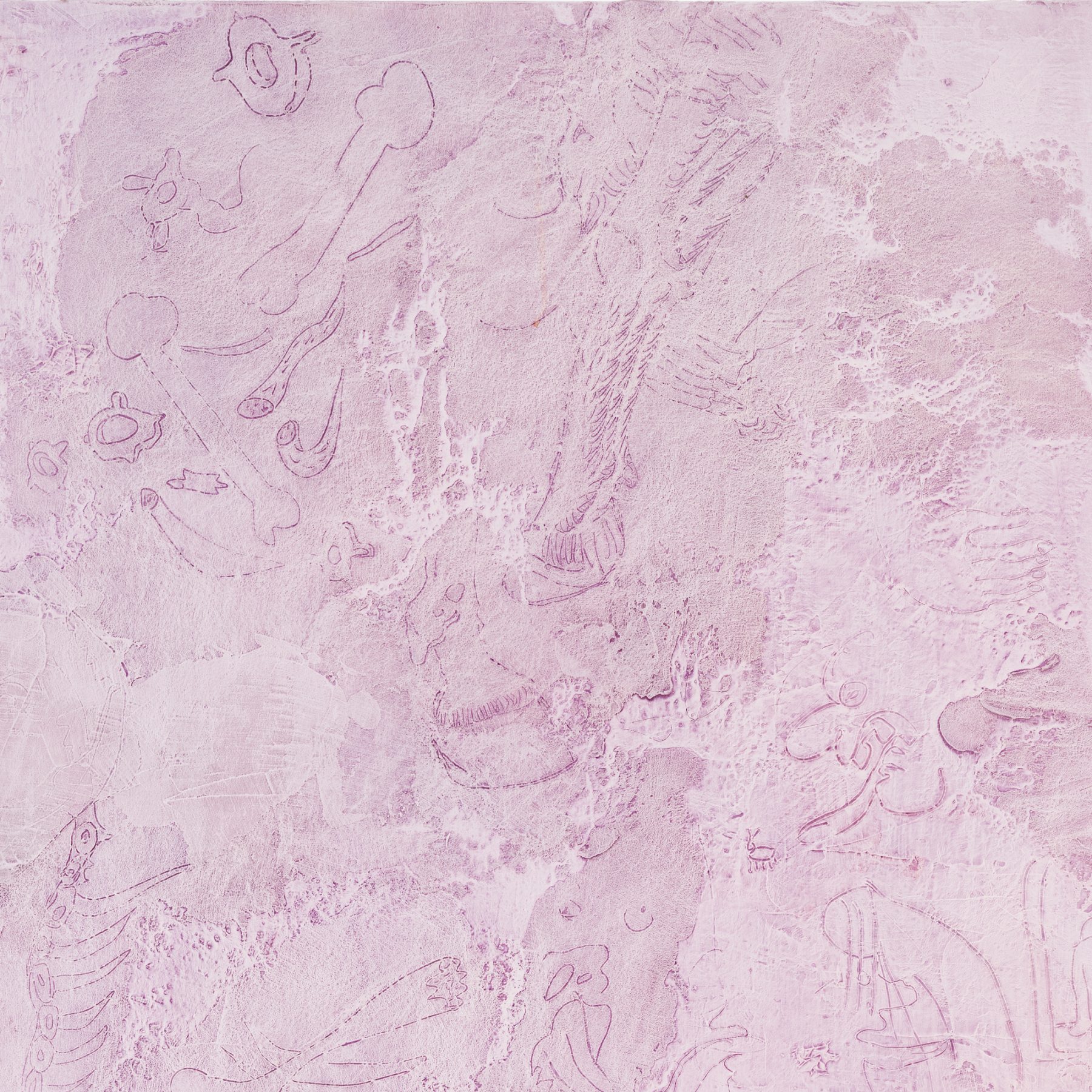 Detail of a lavender painting with marks and drawings scratched into the surface.
