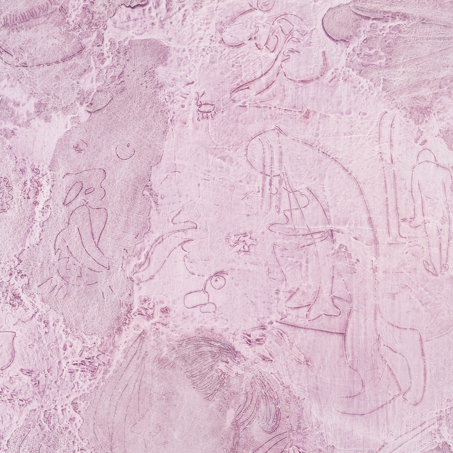 Detail of a lavender painting with marks and drawings scratched into the surface.
