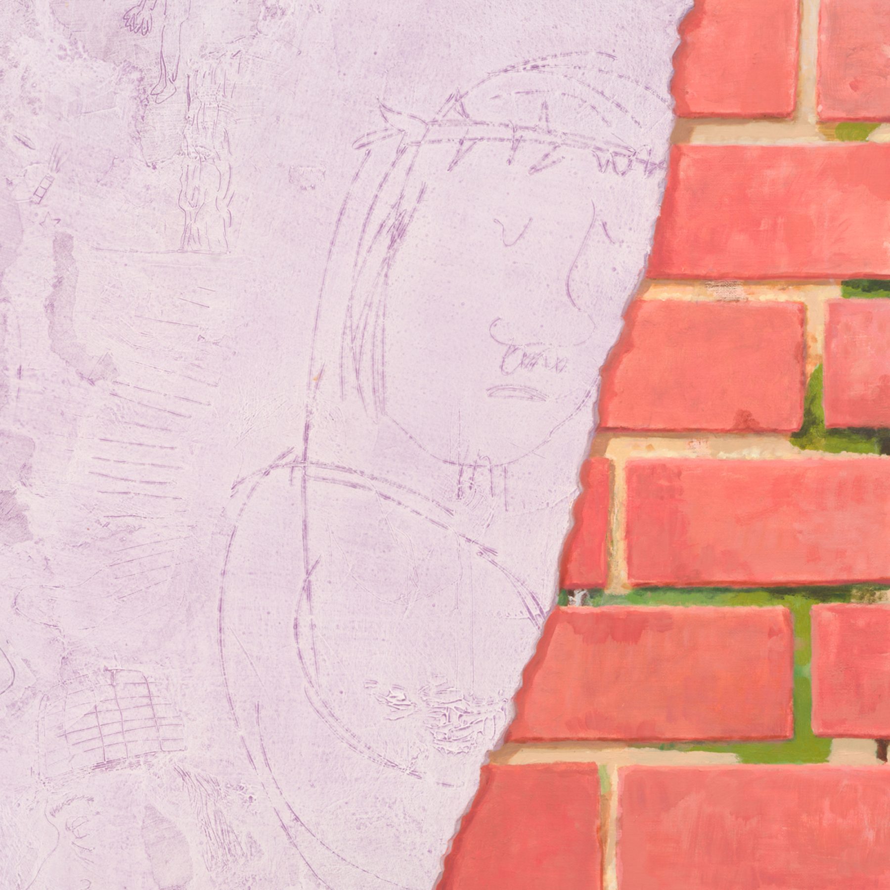 Detail of a painting of a brick wall overlaid with a swath of lavender with marks and drawings scratched into it.