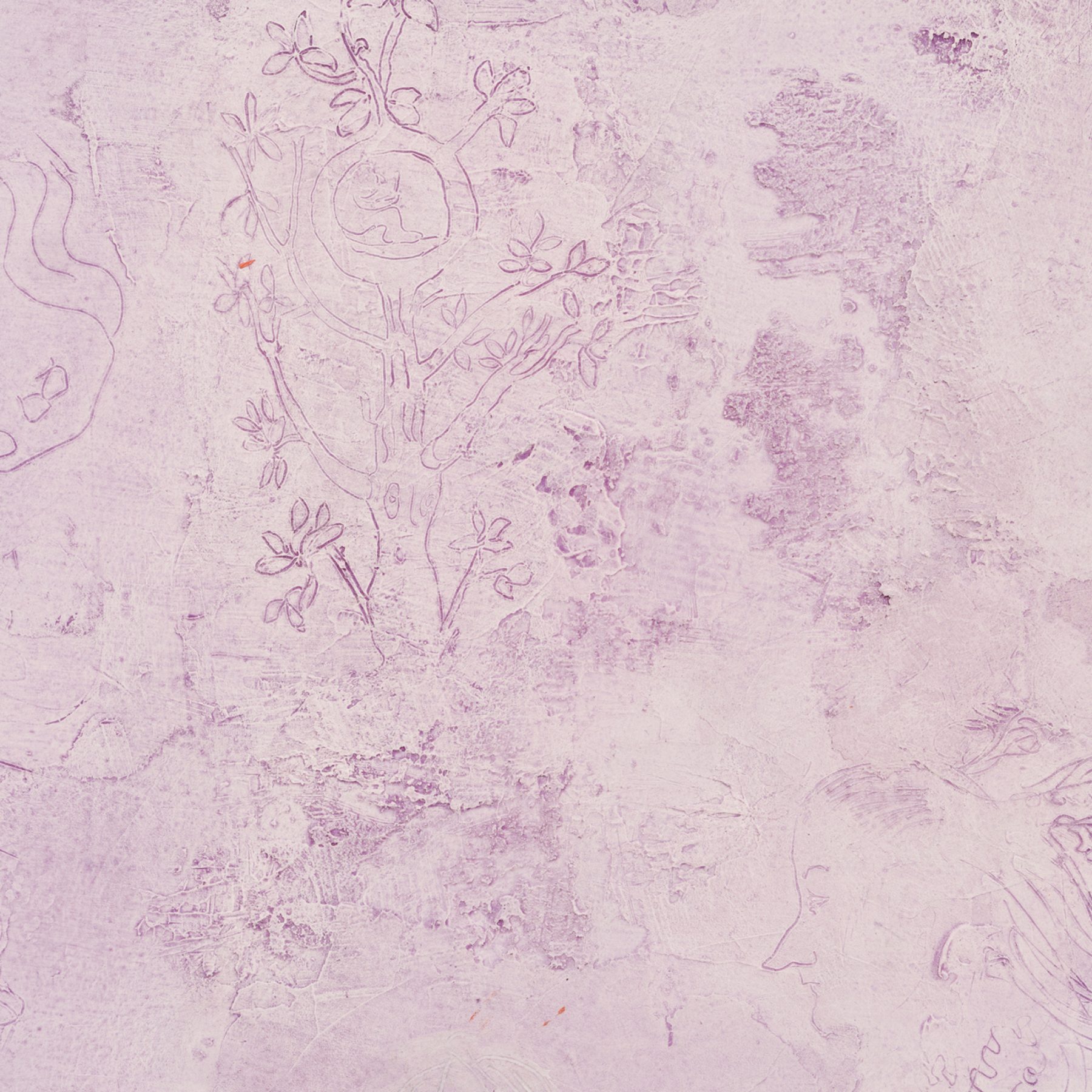 Detail of a painting of a lavender monochrome with marks and drawings scratched into it.