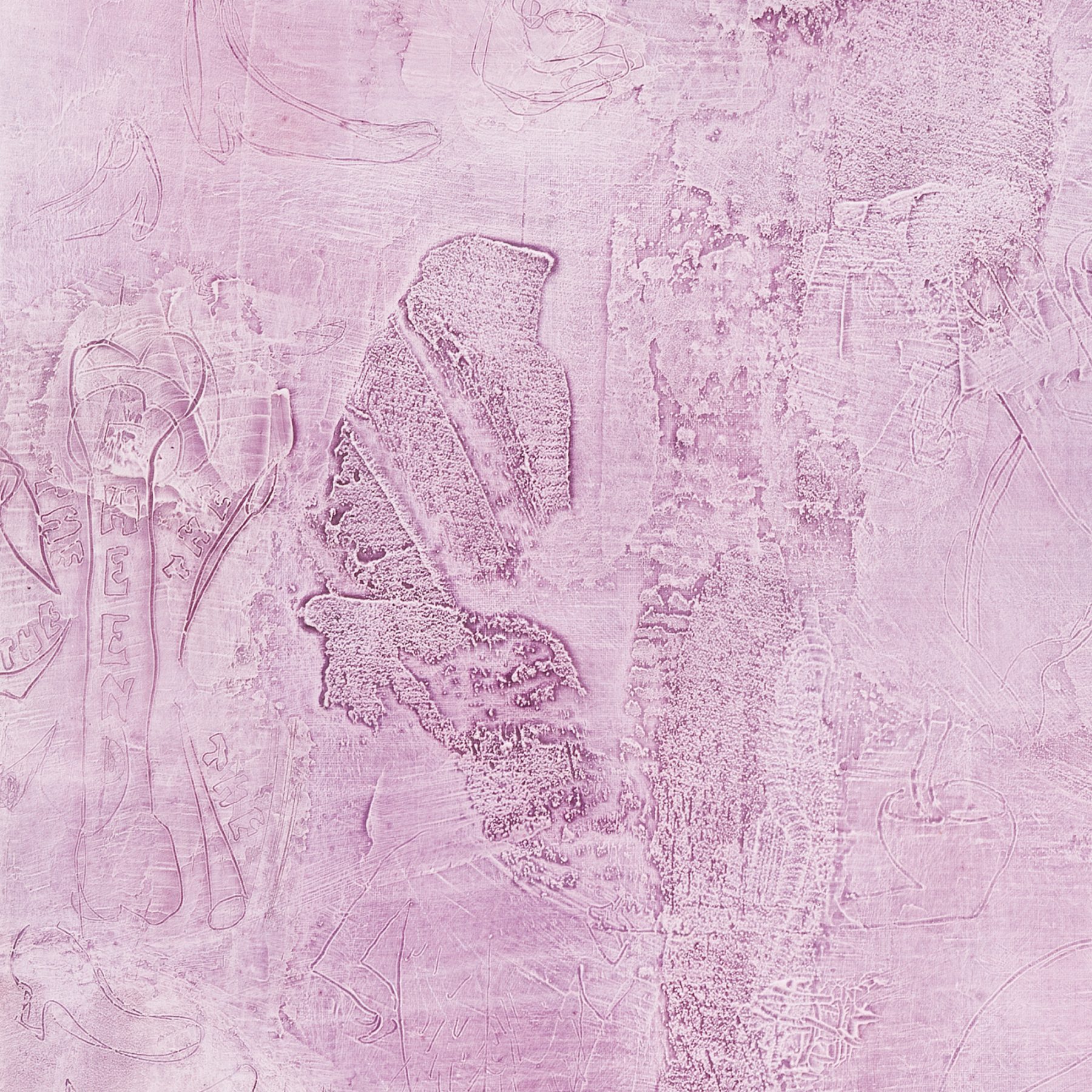 Detail of a painting of a lavender monochrome with marks and drawings scratched into it.