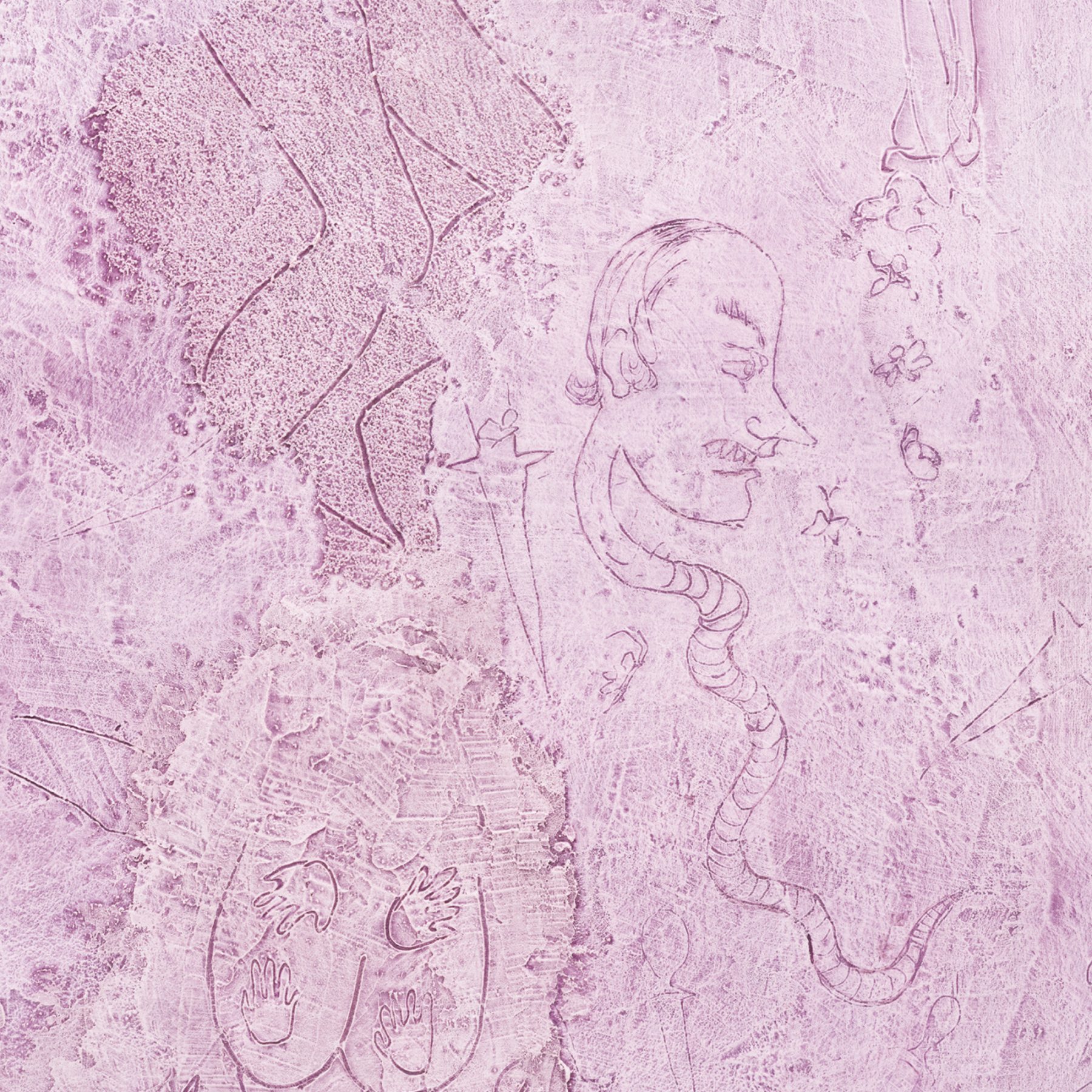 Detail of a painting of a lavender monochrome with marks and drawings scratched into it.