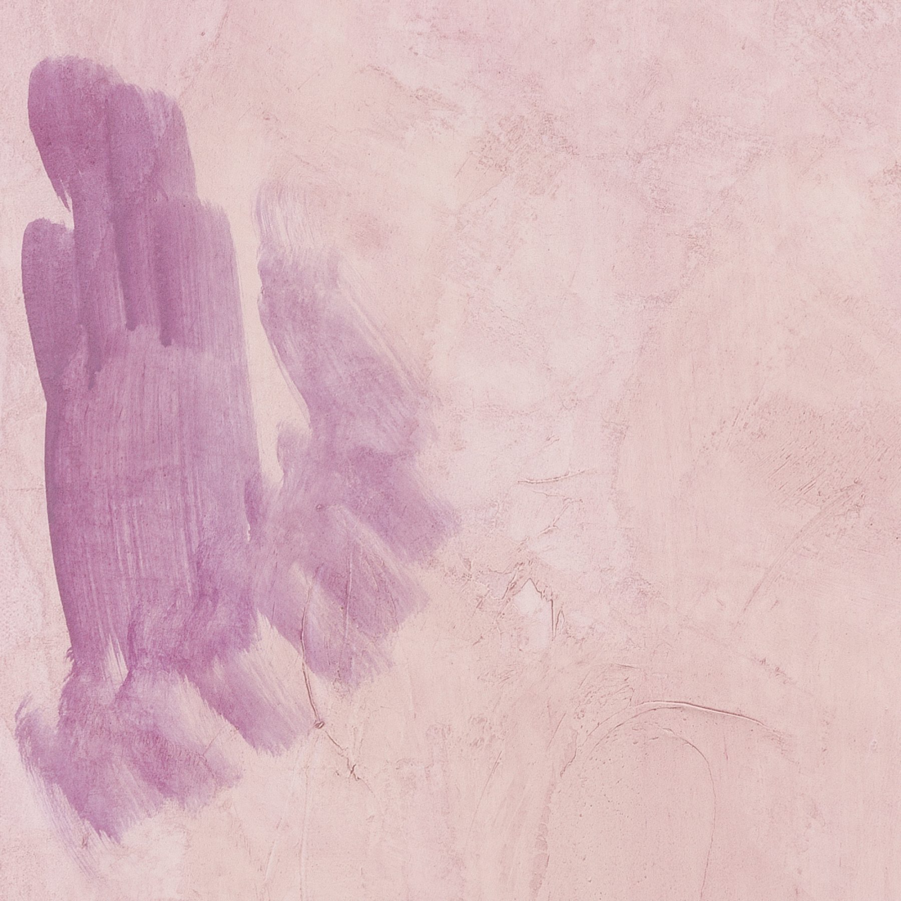 Detail of a painting of a lavender monochrome with marks and drawings scratched into it.