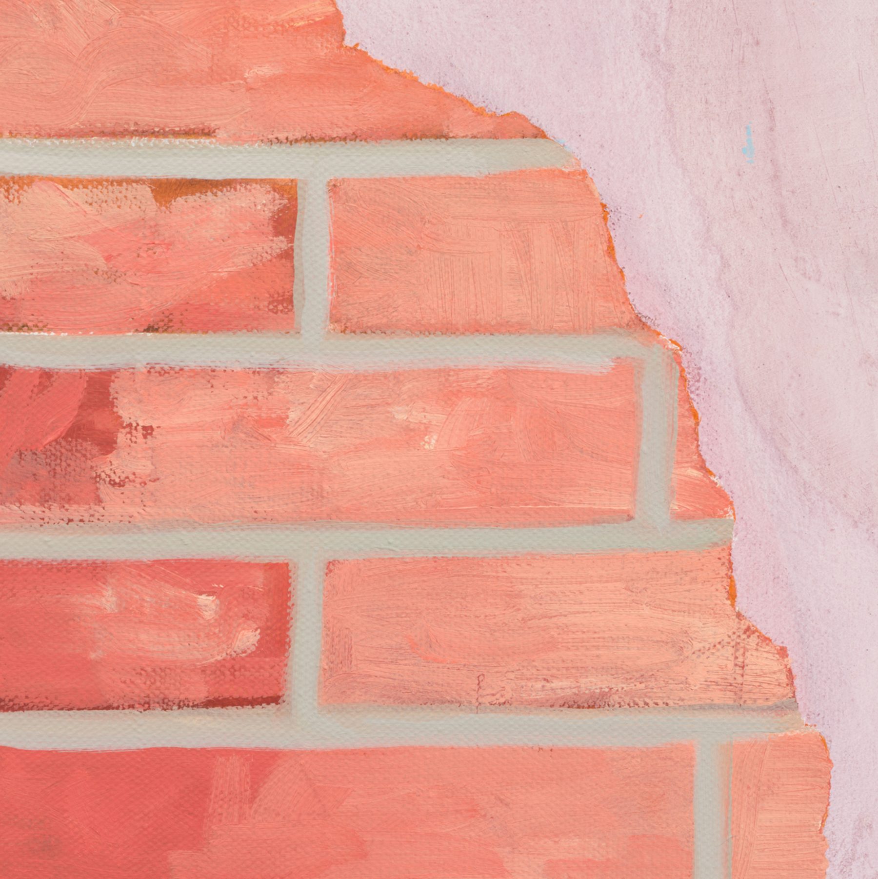 Detail of a painting of a brick wall overlaid in one corner with a swath of lavender.