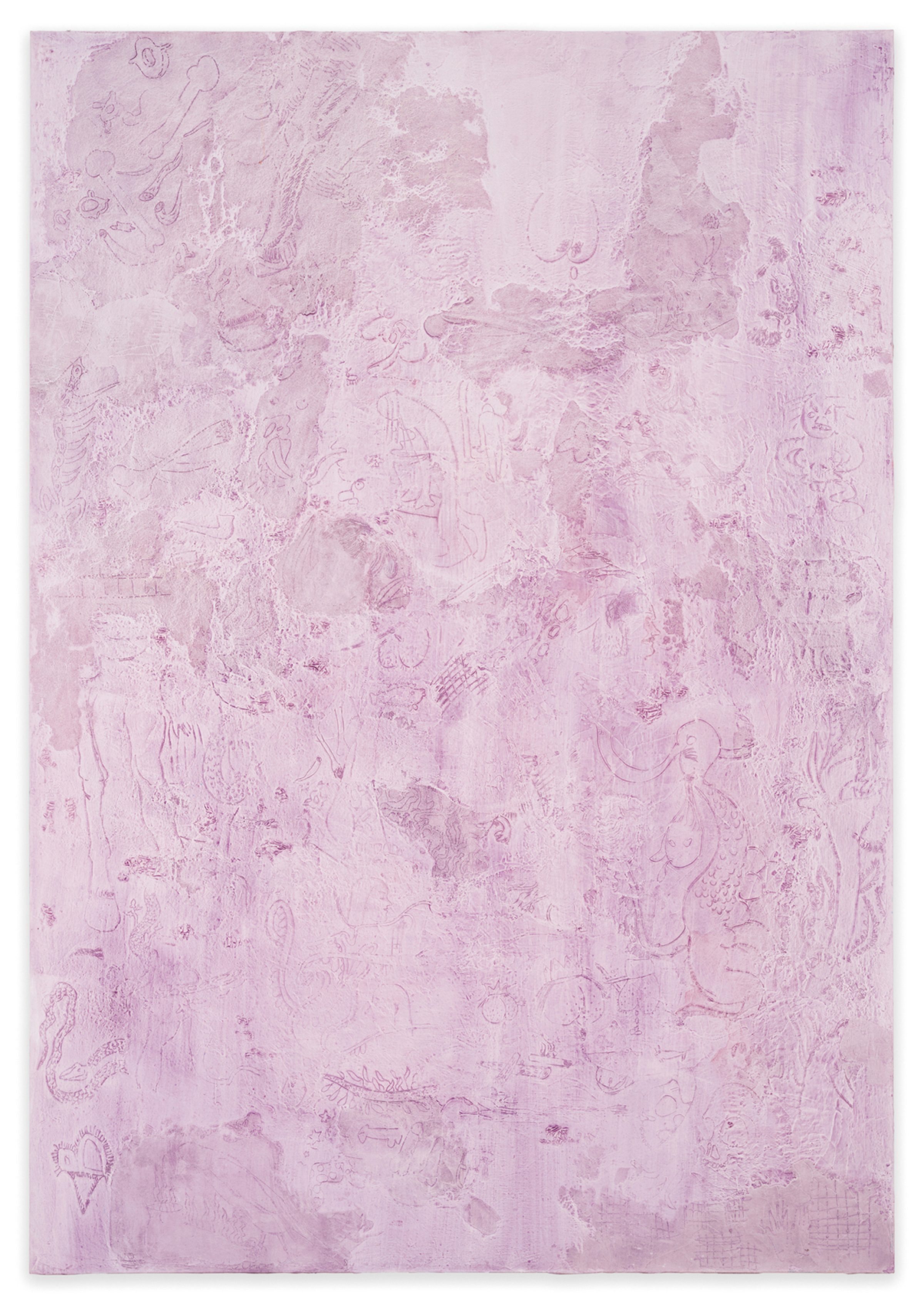 A lavender painting with drawings and marks scratched into the surface.