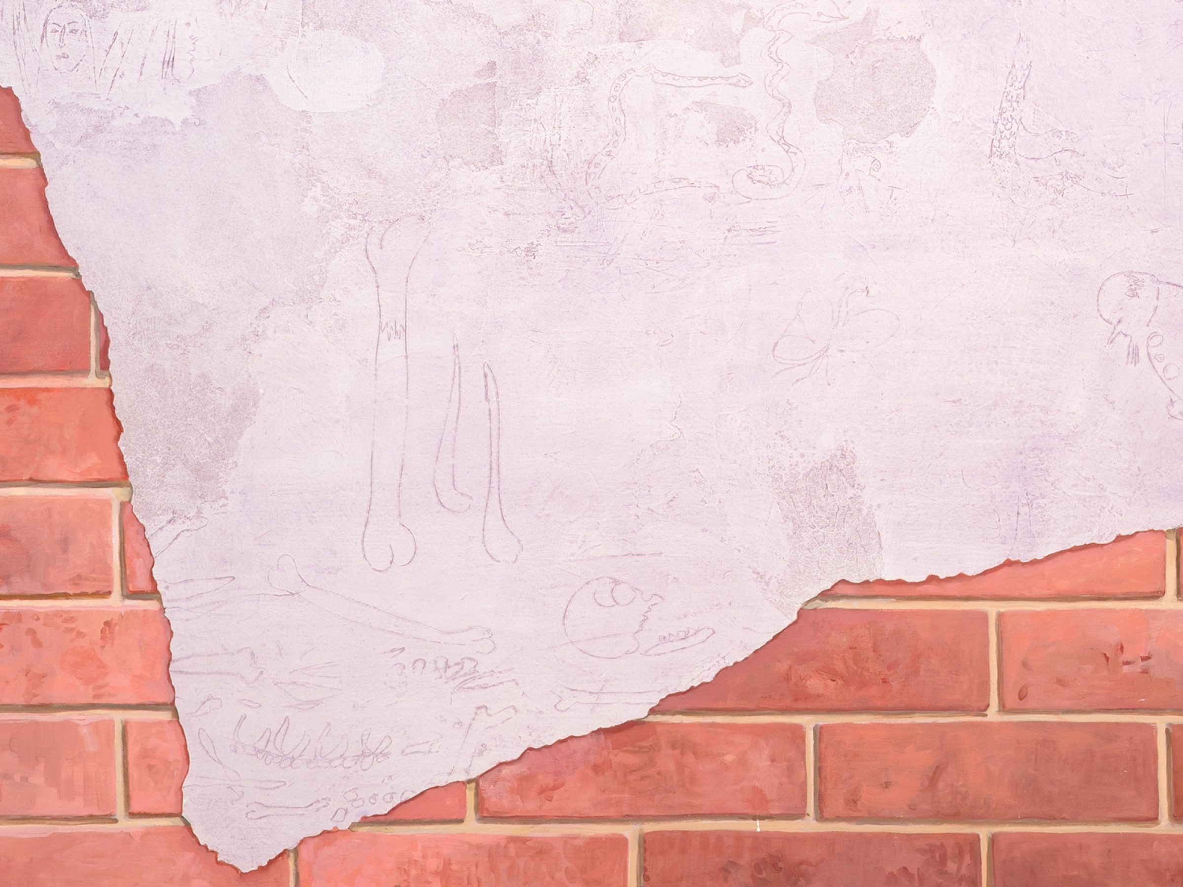 Detail of a painting of a brick wall overlaid with a swath of lavender with marks and drawings scratched into it.