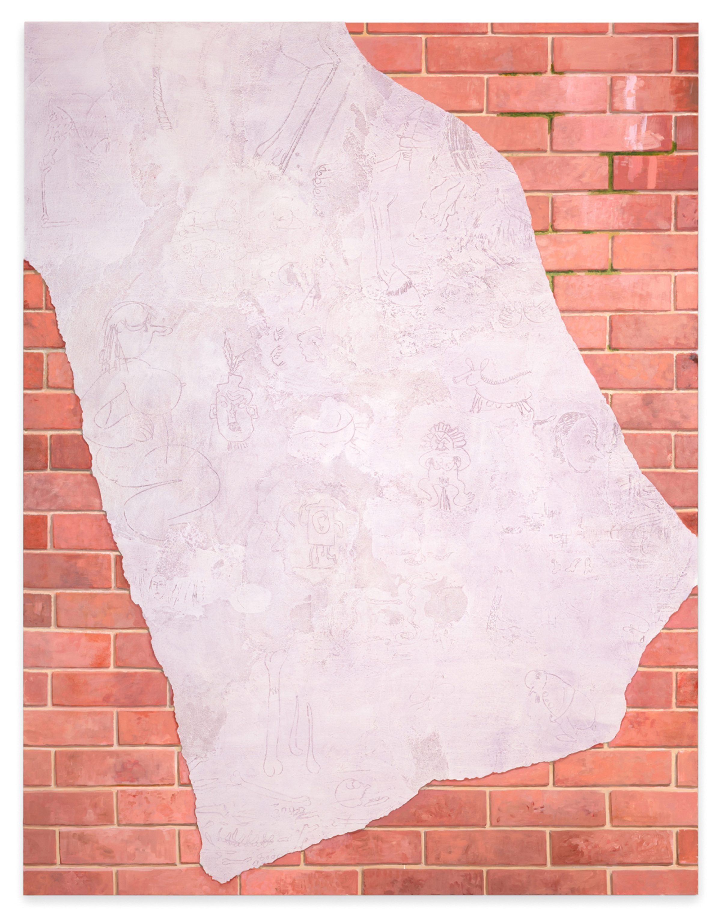 A painting of a brick wall overlaid with a swath of lavender with marks and drawings scratched into the surface.