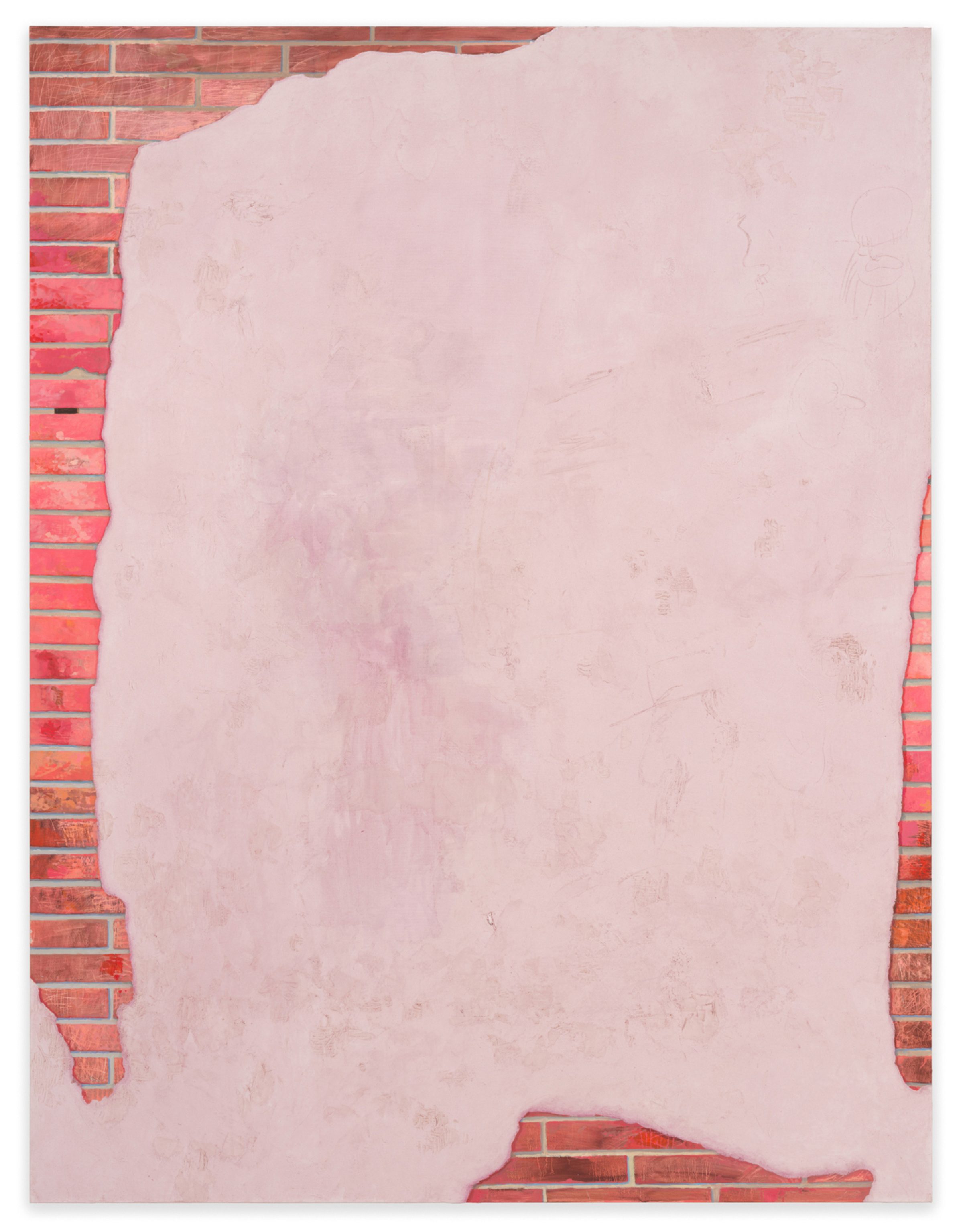 The painting shows a brick wall overlaid with a swath of lavender with marks and drawings scratched into it.