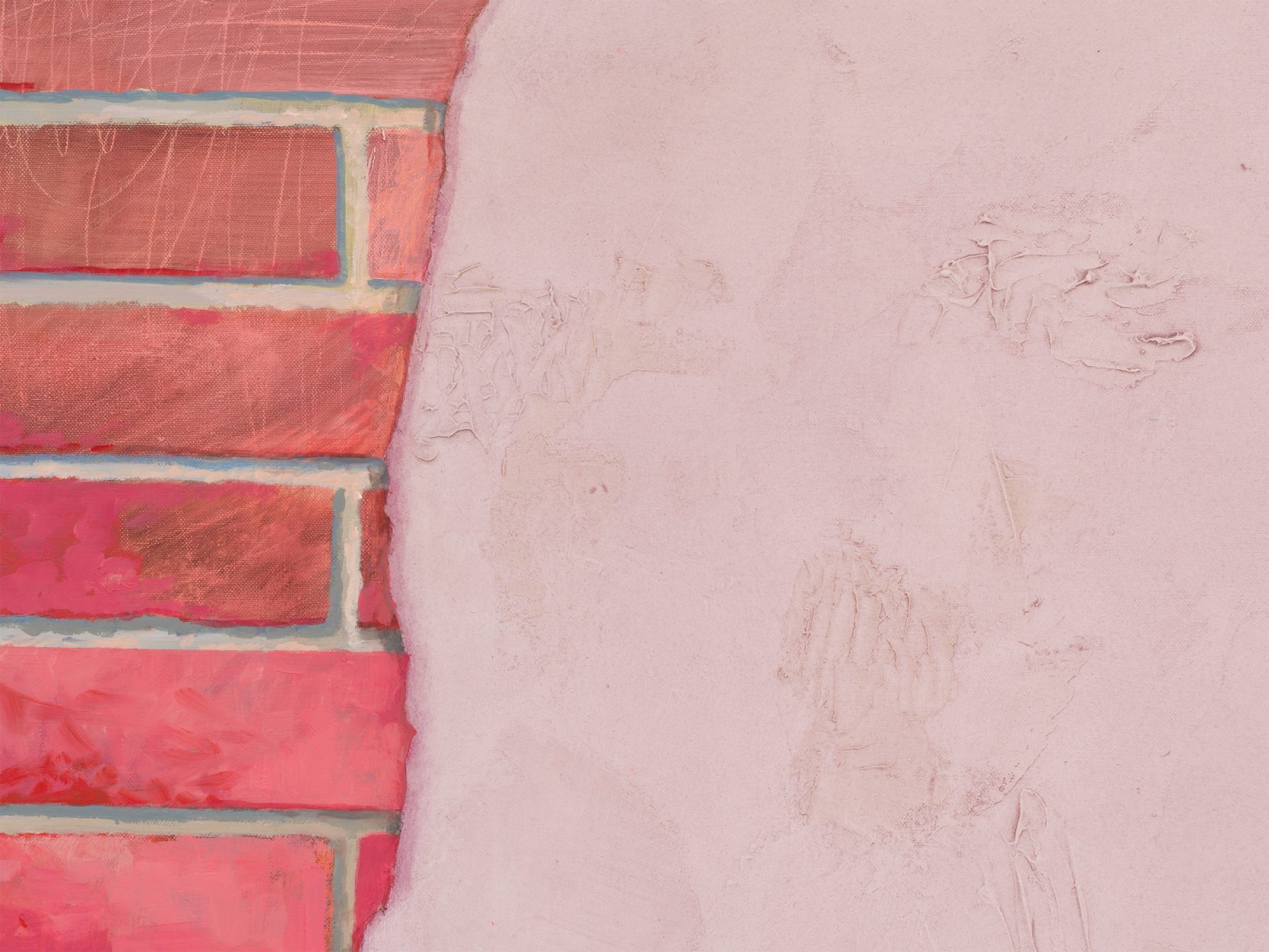 Detail of a painting of a brick wall overlaid with a swath of lavender with marks and drawings scratched into it.