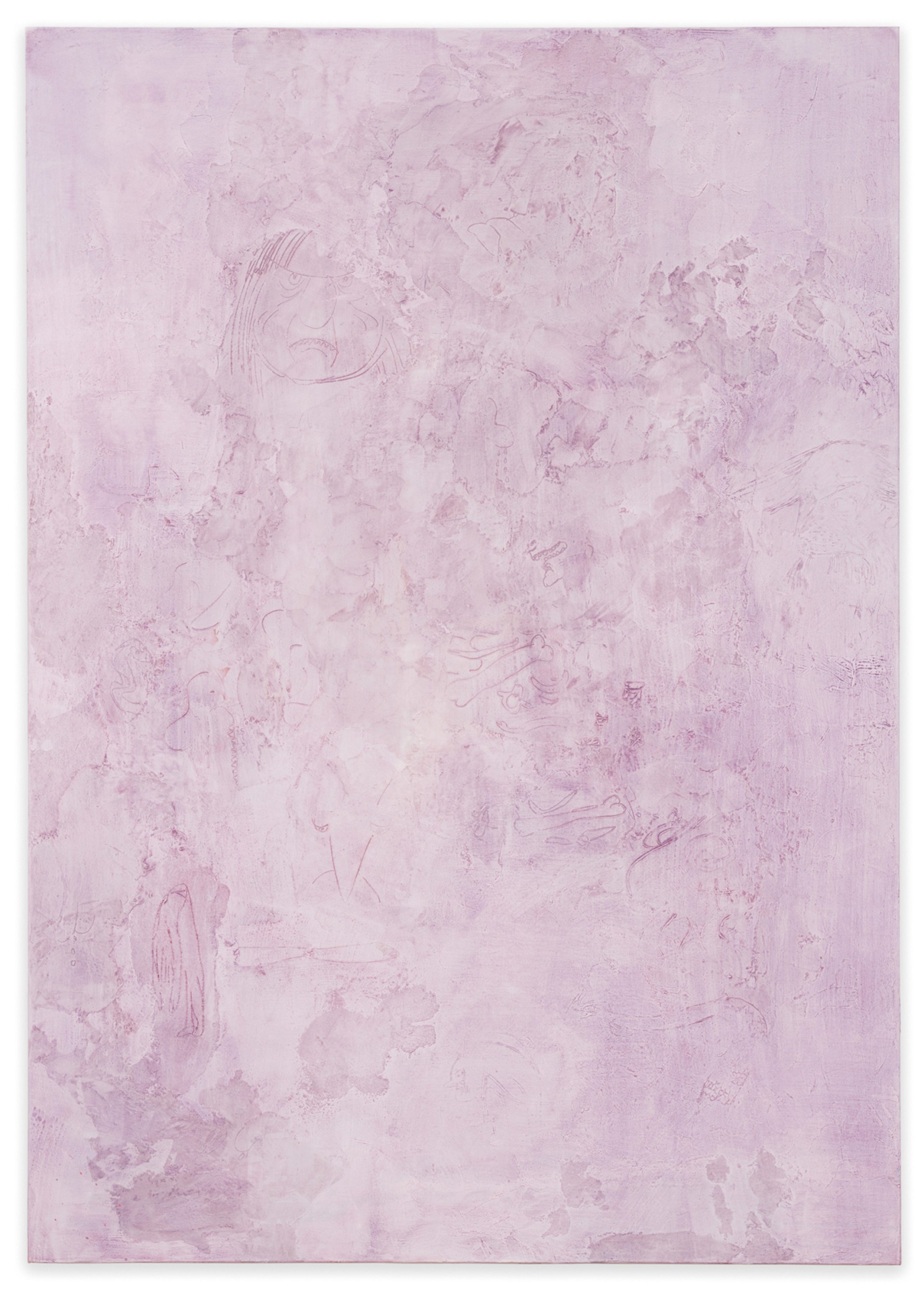 A painting of a lavender monochrome with marks and drawings scratched into it.