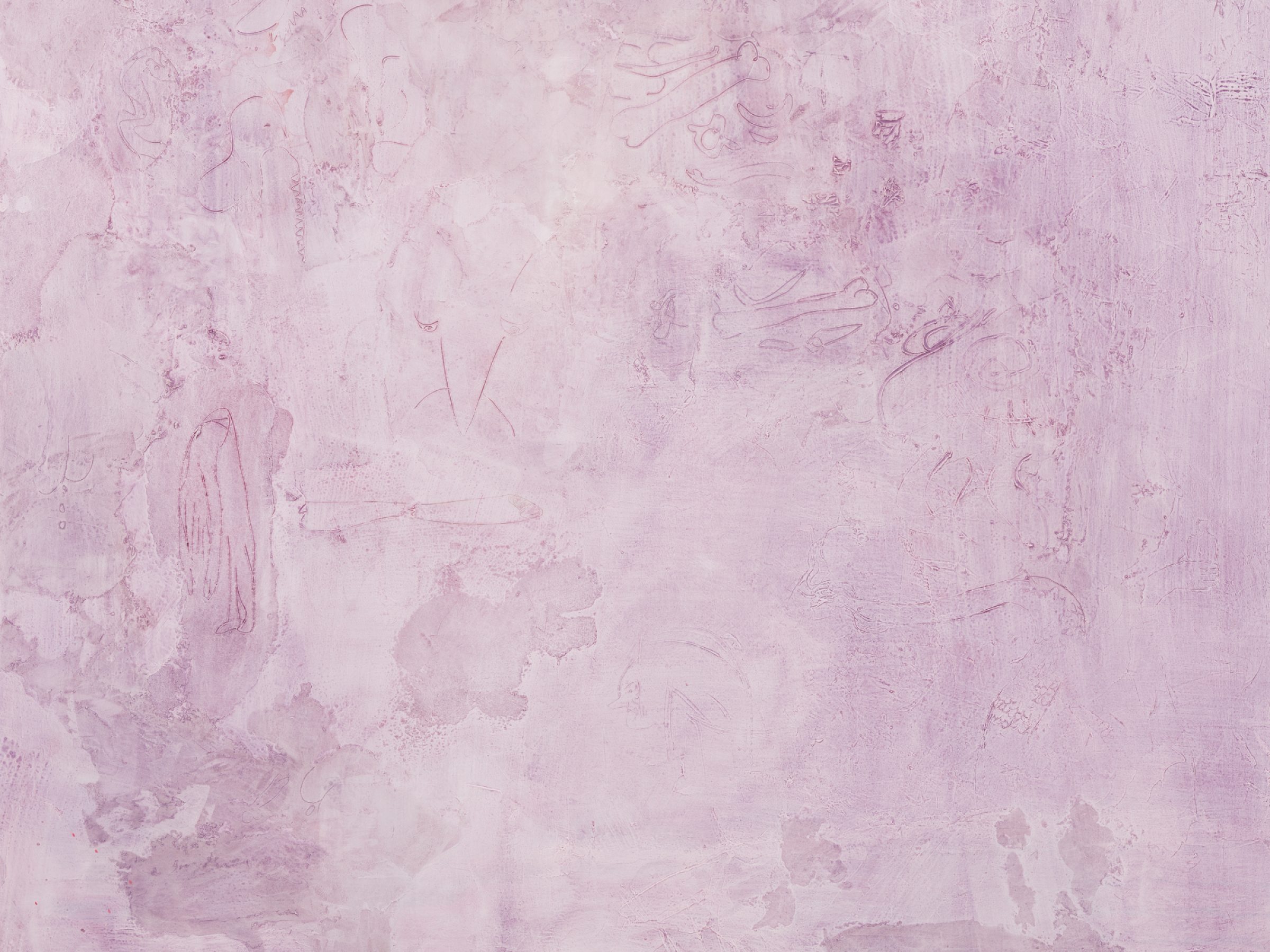 Detail of a painting of a lavender monochrome with marks and drawings scratched into it.