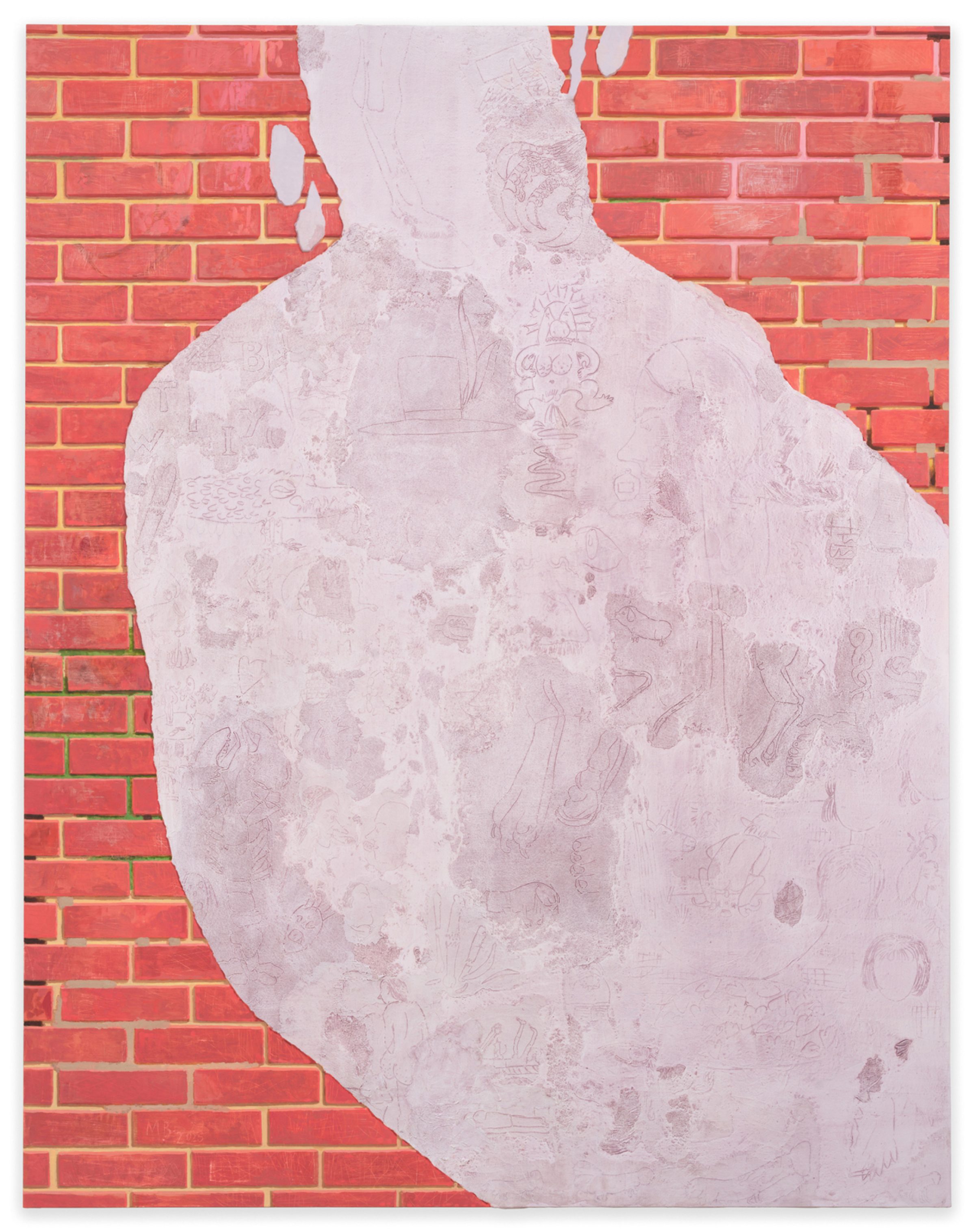 A painting of a brick wall overlaid with a swath of lavender with marks and drawings scratched into it.