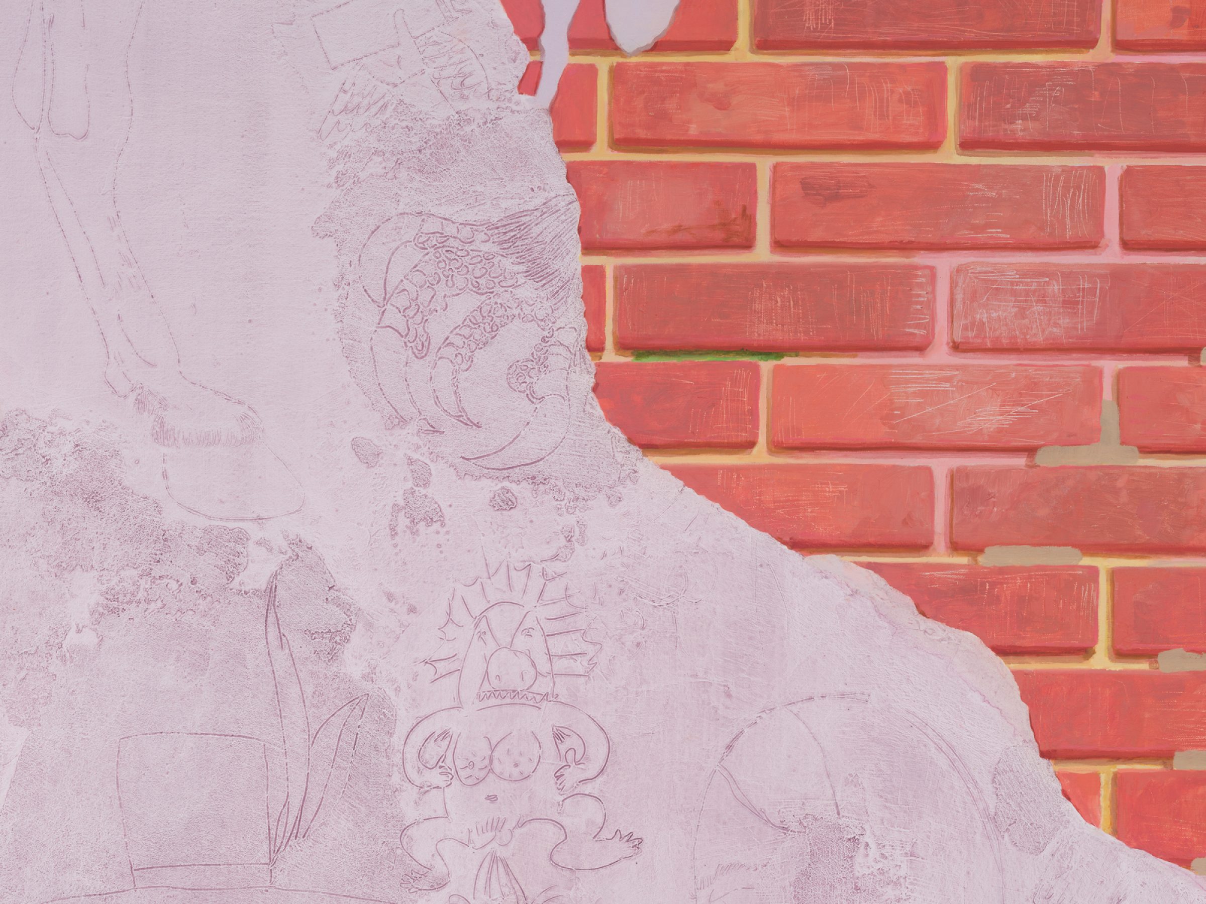 Detail of a painting of a brick wall overlaid with a swath of lavender with marks and drawings scratched into it.