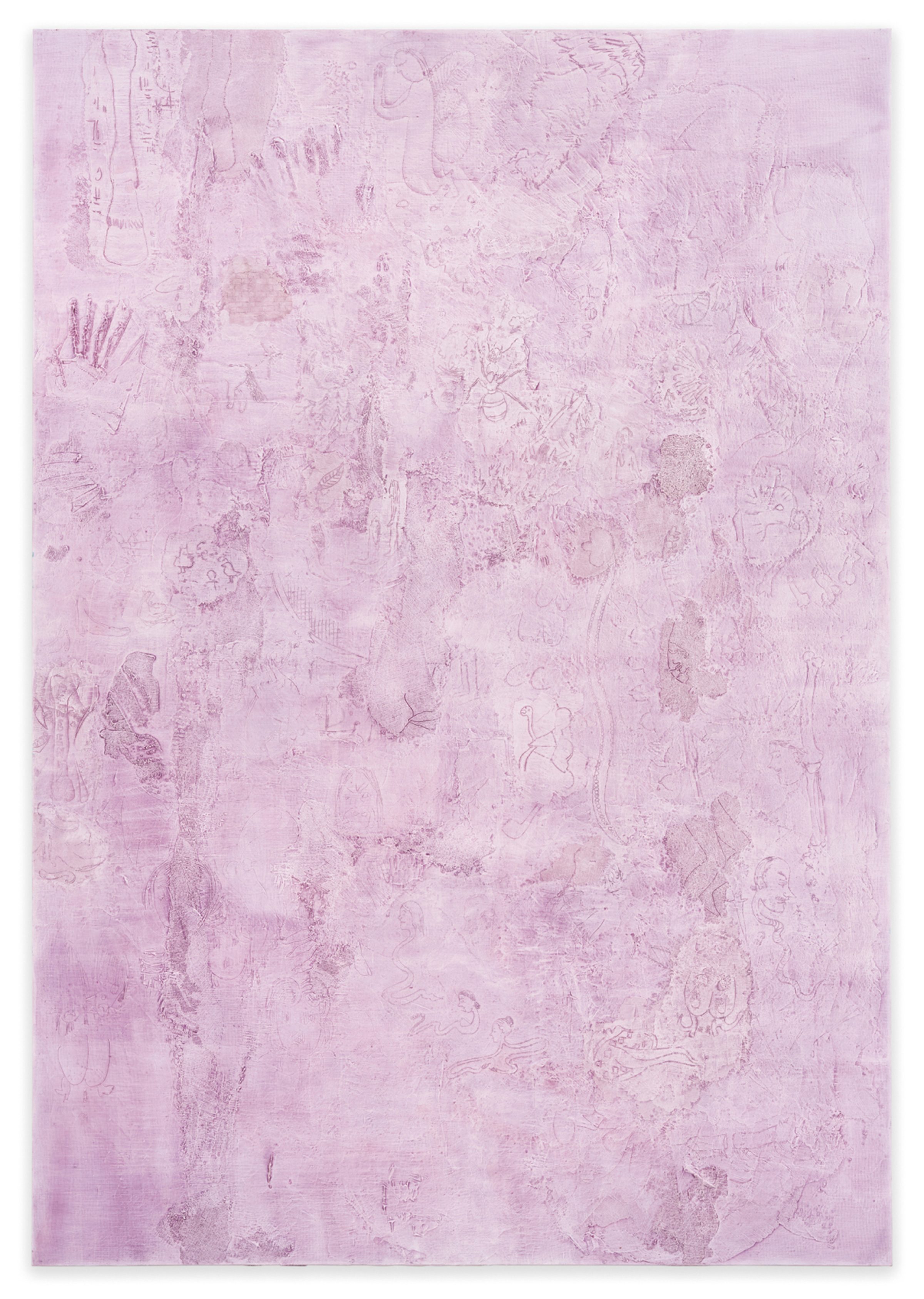 A lavender monochrome with marks and drawings scratched into the surface.