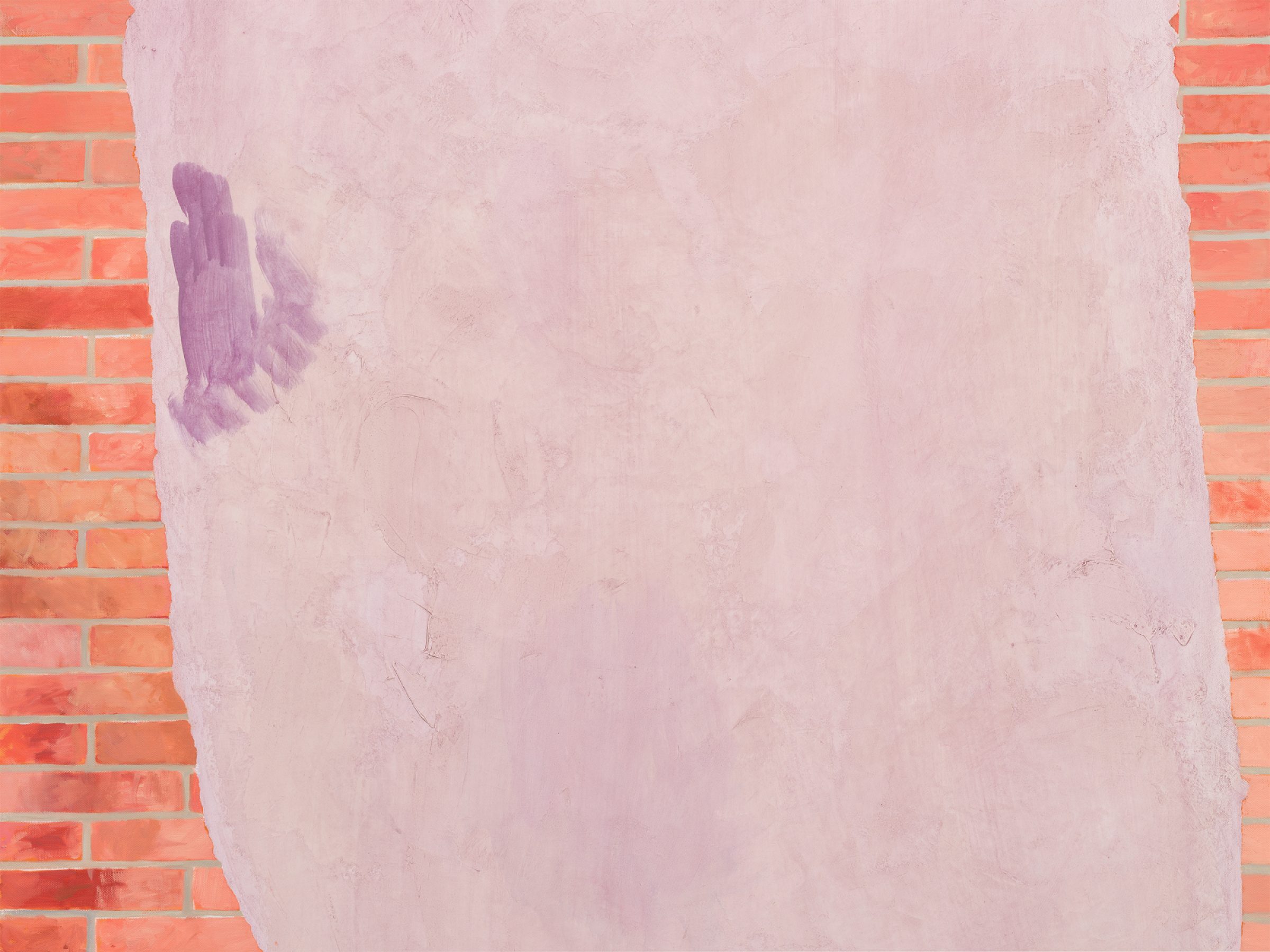 Detail of a painting of a brick wall overlaid with a swath of lavender with marks and drawings scratched into it.