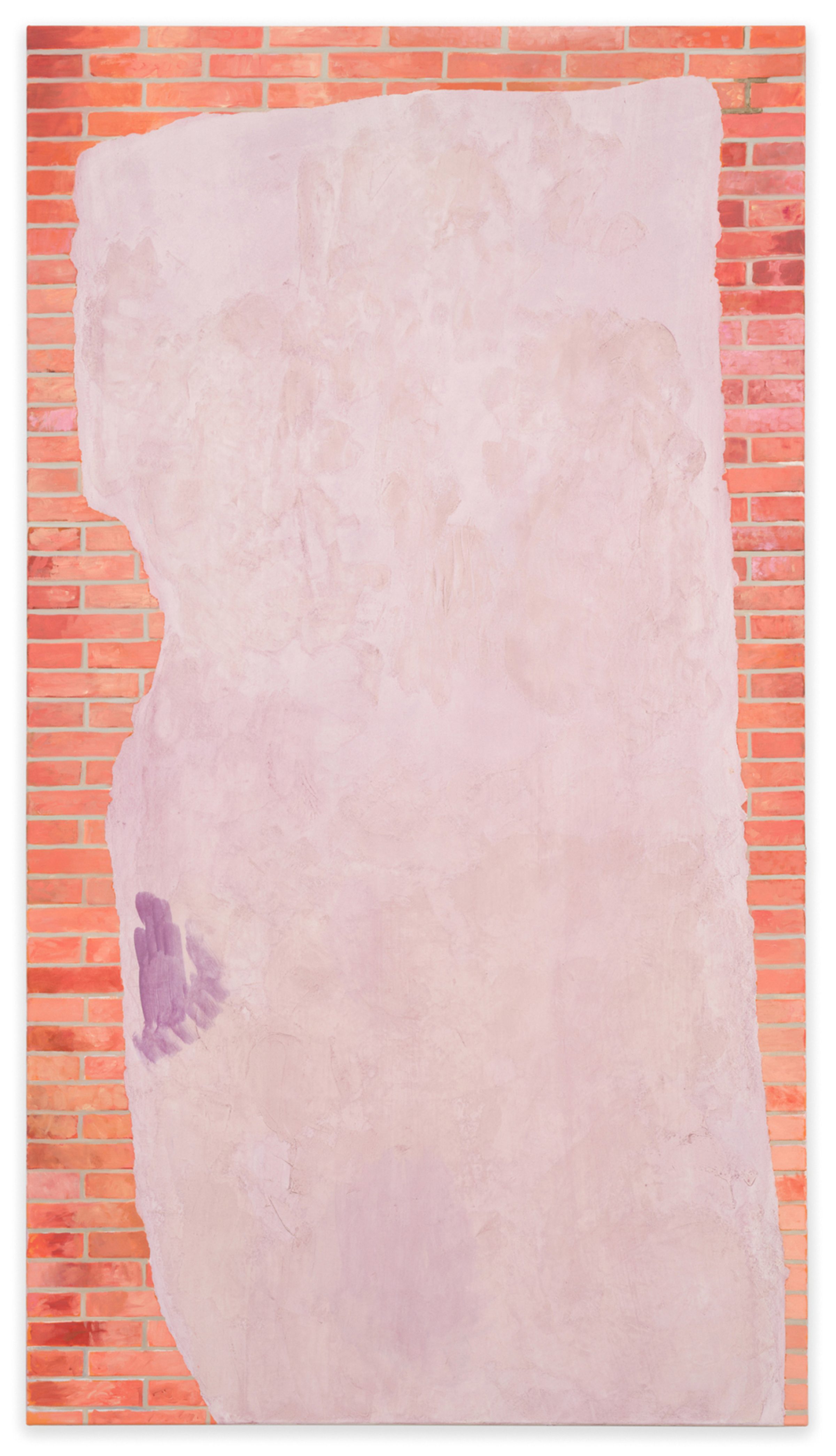 A painting of a brick wall overlaid with a swath of lavender with marks and drawings scratched into it.