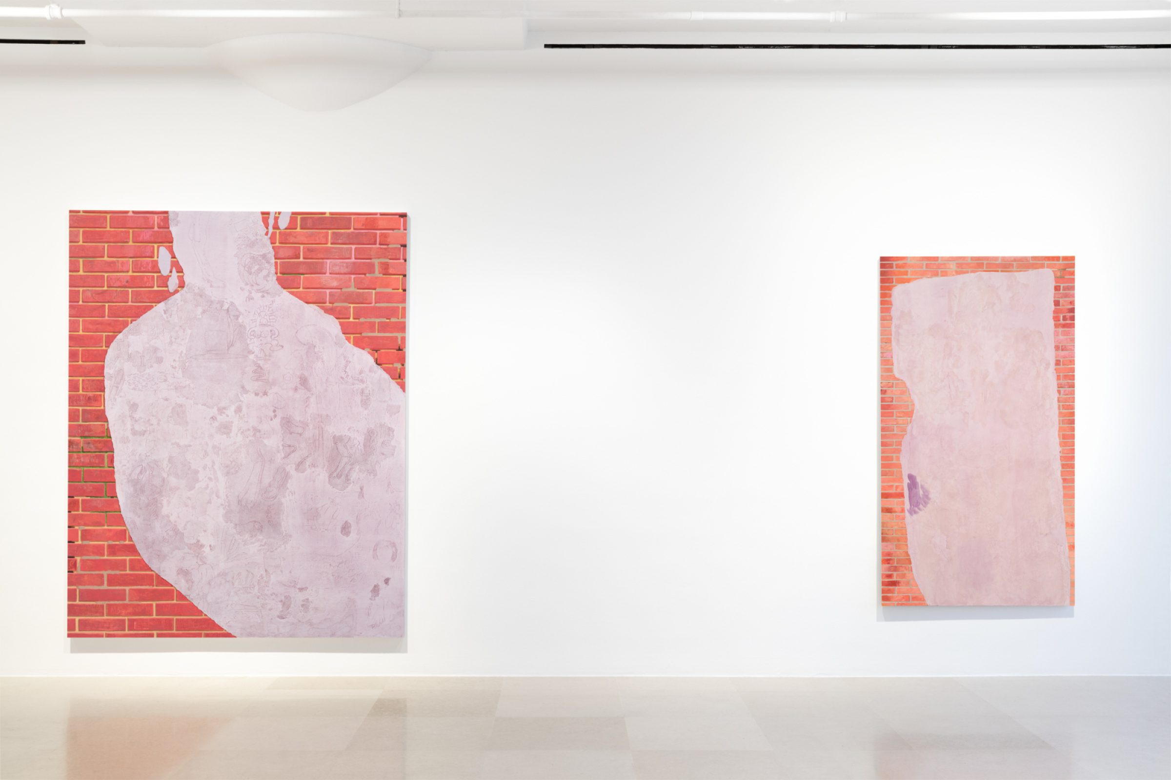 A gallery wall showing two paintings of different sizes both depicting  a brick wall overlaid with a swath of lavender with marks and drawings scratched into the surface.