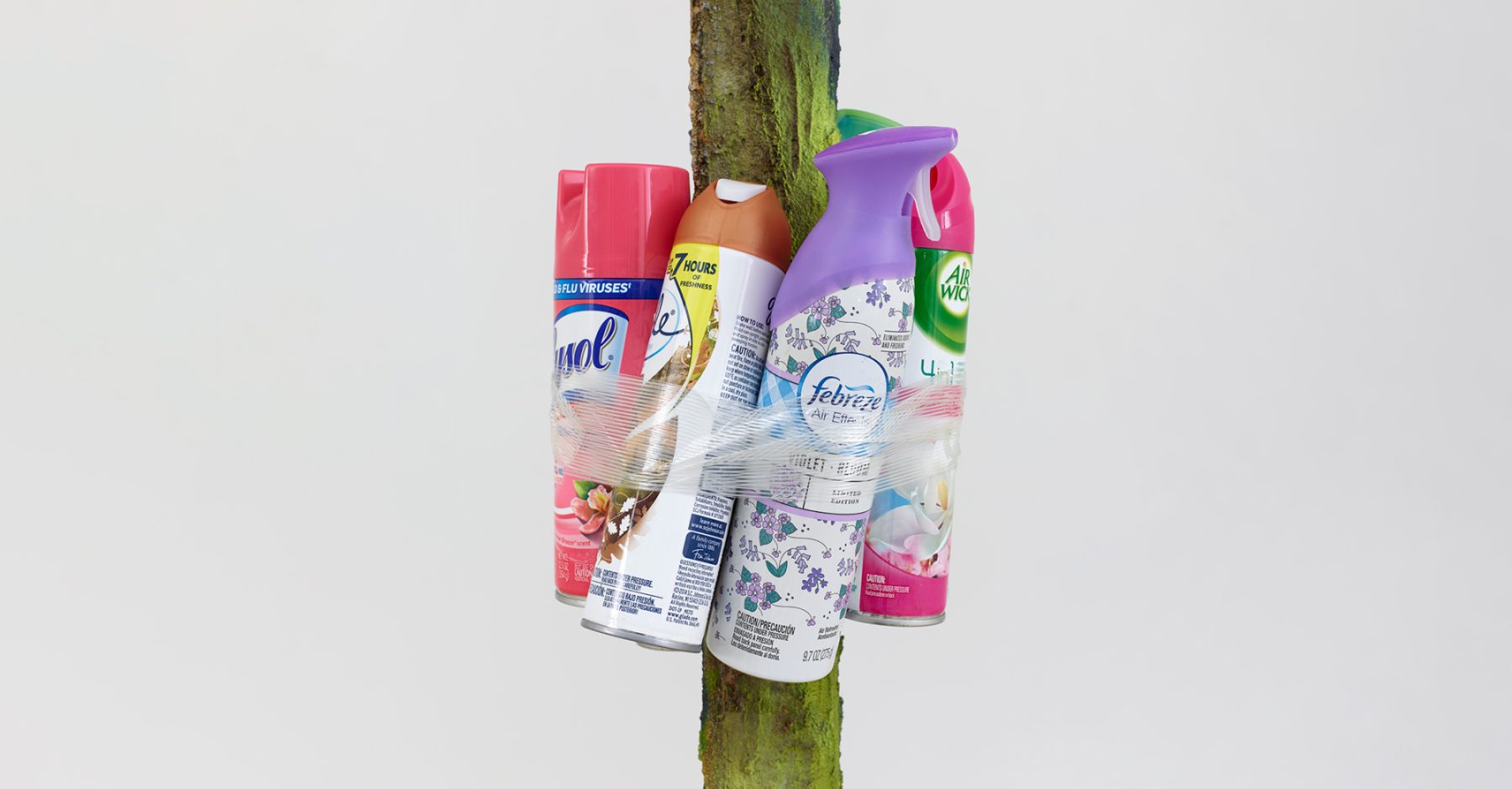Four plastic bottles of cleaning supplies are taped around a green pole.