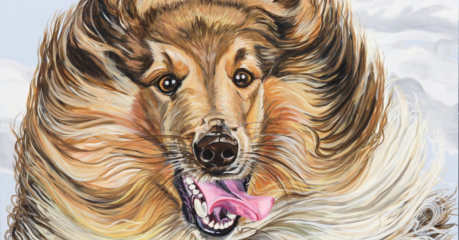 A close-up painting of a golden collie dog with flowing fur and an open mouth, against a soft blue and white sky background.